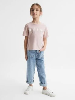 Reiss Pale Pink Bobbi Junior Motif Crew Neck T-Shirt -Style Trend Shop 129 951s3