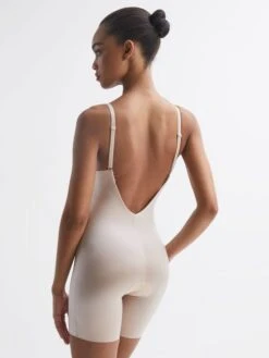 Reiss Champagne Spanx Shapewear Plunge Low-Back Mid-Thigh Bodysuit -Style Trend Shop 161 345s3