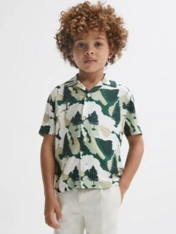 Reiss Green Saxon Junior Cuban Collar Short Sleeve Shirt -Style Trend Shop 229 177s3