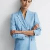 Reiss Blue Hollie Petite Double Breasted Linen Blazer -Style Trend Shop 404201s