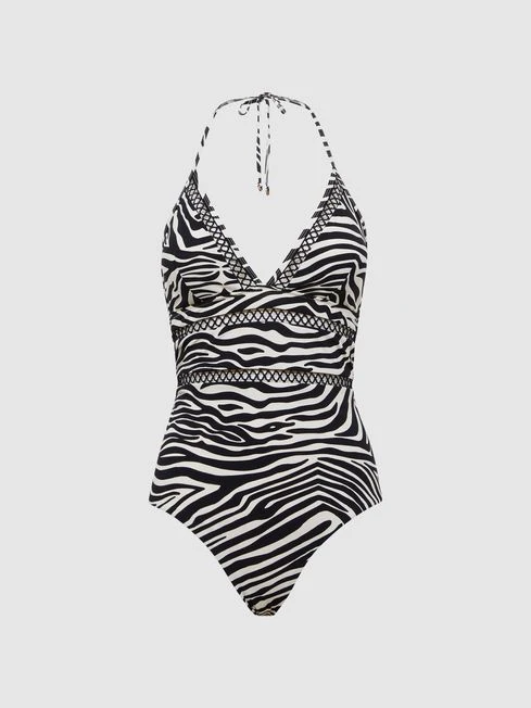 Reiss Black/White Gia Halter Neck Zebra Print Swimsuit 4 Reiss Black/White Gia Halter Neck Zebra Print Swimsuit - Image 2