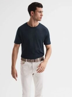 Reiss Navy Venice Linen Crew Neck T-Shirt