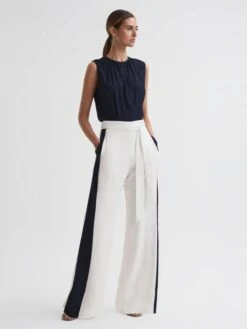 Reiss Navy/White Ivy Wide Leg Side Stripe Jumpsuit