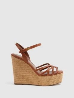 Reiss Tan Elle Leather Raffia Platform Wedge Heels