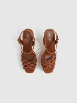 Reiss Tan Elle Leather Raffia Platform Wedge Heels -Style Trend Shop 522531s3