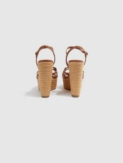 Reiss Tan Elle Leather Raffia Platform Wedge Heels -Style Trend Shop 522531s4