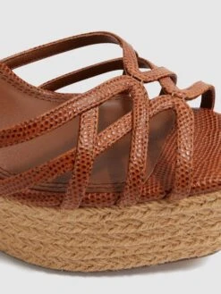 Reiss Tan Elle Leather Raffia Platform Wedge Heels -Style Trend Shop 522531s5