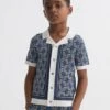 Reiss Blue Print Lotus Junior Knitted Cuban Collar Shirt -Style Trend Shop 571657s
