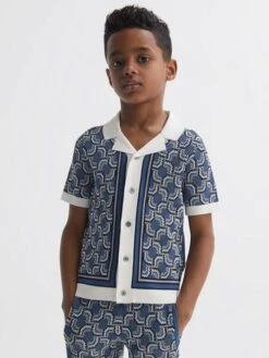 Reiss Blue Print Lotus Junior Knitted Cuban Collar Shirt