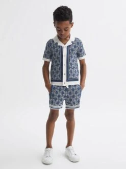 Reiss Blue Print Lotus Junior Knitted Cuban Collar Shirt -Style Trend Shop 571657s3