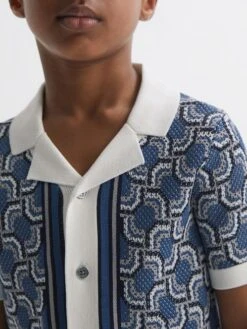 Reiss Blue Print Lotus Junior Knitted Cuban Collar Shirt -Style Trend Shop 571657s4