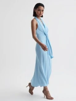 Reiss Blue Amber Halter Neck Tie Detail Midi Dress -Style Trend Shop 672979s5
