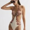 Reiss Tan Natalie Printed Cut-Out Halter Neck Swimsuit 2 Reiss Tan Natalie Printed Cut-Out Halter Neck Swimsuit -Style Trend Shop 758 757s