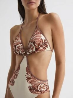 Reiss Tan Natalie Printed Cut-Out Halter Neck Swimsuit -Style Trend Shop 758 757s4