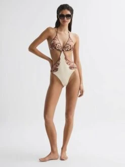 Reiss Tan Natalie Printed Cut-Out Halter Neck Swimsuit -Style Trend Shop 758 757s6
