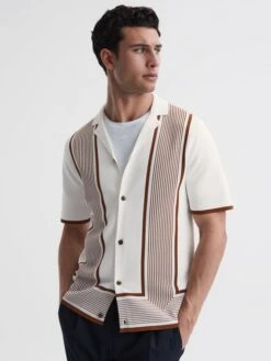 Reiss White/Camel Heath Striped Cuban Collar Shirt