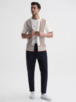 Reiss White/Camel Heath Striped Cuban Collar Shirt -Style Trend Shop 798 266s3