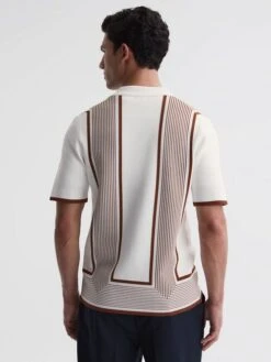 Reiss White/Camel Heath Striped Cuban Collar Shirt -Style Trend Shop 798 266s4