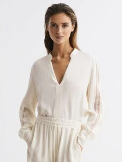 Reiss Cream Rowan Lace V-Neck Blouse -Style Trend Shop 802 433s6