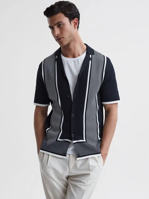 Reiss Navy/White Heath Striped Cuban Collar Shirt 3 Reiss Navy/White Heath Striped Cuban Collar Shirt