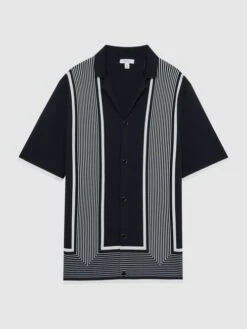 Reiss Navy/White Heath Striped Cuban Collar Shirt 7 Reiss Navy/White Heath Striped Cuban Collar Shirt -Style Trend Shop 813 667s2