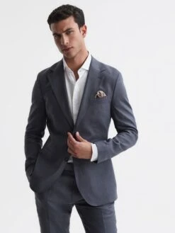 Reiss Airforce Blue Kin Slim Fit Single Breasted Linen Blazer