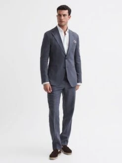 Reiss Airforce Blue Kin Slim Fit Single Breasted Linen Blazer -Style Trend Shop 998 357s3