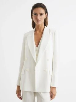 Reiss White Tatum Crepe Double Breasted Blazer