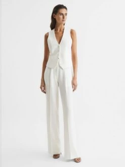 Reiss White Tatum Petite Crepe Wide Leg Trousers