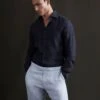 Reiss Navy Ruban Linen Long Sleeve Shirt -Style Trend Shop A76 402s