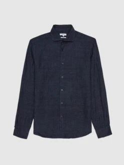 Reiss Navy Ruban Linen Long Sleeve Shirt -Style Trend Shop A76 402s2