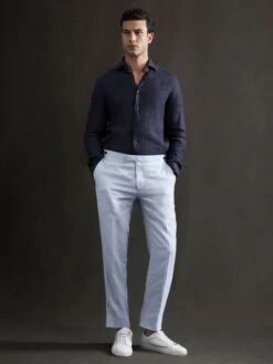 Reiss Navy Ruban Linen Long Sleeve Shirt -Style Trend Shop A76 402s3