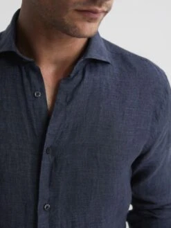 Reiss Navy Ruban Linen Long Sleeve Shirt -Style Trend Shop A76 402s7