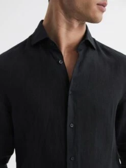 Reiss Black Ruban Linen Long Sleeve Shirt -Style Trend Shop A76 403s4