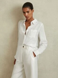 Reiss White Campbell Linen Long Sleeve Shirt 9 Reiss White Campbell Linen Long Sleeve Shirt -Style Trend Shop A76118s3