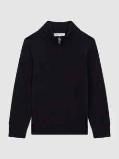 Reiss Navy Blackhall Junior Slim Fit Merino Wool Zip Neck Jumper -Style Trend Shop A76288s2