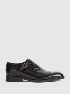 Reiss Black Rivington High Shine Leather Monk Strap Shoes