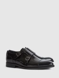 Reiss Black Rivington High Shine Leather Monk Strap Shoes -Style Trend Shop A77977s3