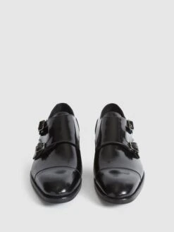 Reiss Black Rivington High Shine Leather Monk Strap Shoes -Style Trend Shop A77977s4