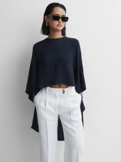 Reiss Navy Liana Cape Crew Neck Blouse -Style Trend Shop A89965s3