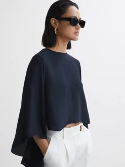 Reiss Navy Liana Cape Crew Neck Blouse -Style Trend Shop A89965s4