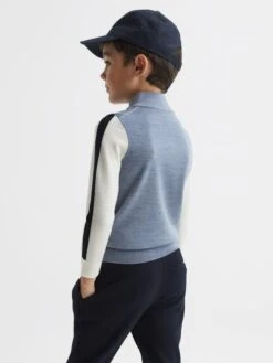 Reiss Airforce Blue Melange Leo Junior Wool Colourblock Zip Neck Polo -Style Trend Shop C05222s5
