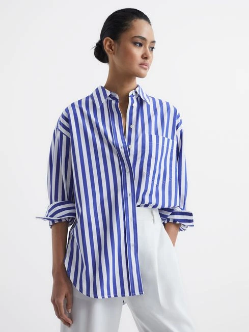 Reiss Blue/White Emma Relaxed Fit Striped Cotton Shirt 8 Reiss Blue/White Emma Relaxed Fit Striped Cotton Shirt - Image 6