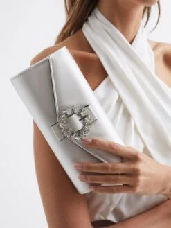 Reiss Off White Delphine Diamanté Buckle Satin Clutch -Style Trend Shop C14848s3