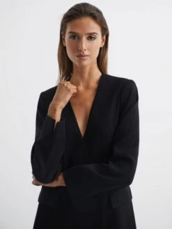 Reiss Black Margeaux Collarless Double-Breasted Blazer -Style Trend Shop C19628s6