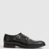 Reiss Black Rivington Leather Monk Strap Shoes -Style Trend Shop C37 772s