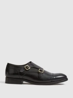 Reiss Black Rivington Leather Monk Strap Shoes