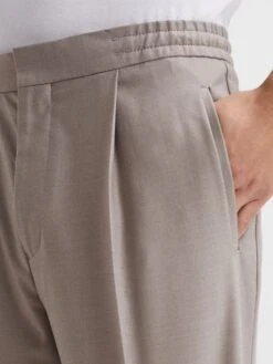 Reiss Oatmeal Melange Brighton Pleat Front Trousers -Style Trend Shop C59 038s4