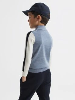Reiss Airforce Blue Melange Leo Senior Wool Colourblock Zip Neck Polo -Style Trend Shop C75943s5