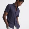 Reiss Navy Holiday Slim Fit Linen Shirt -Style Trend Shop C83 556s